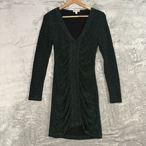 XTRAORDINARY Emerald Green Metallic Ruched Bodycon Mini Dress S Long Sleeve Chic